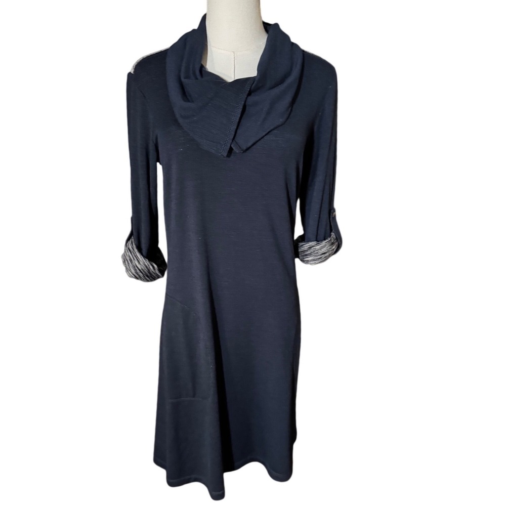 Sophie Max Max Studio Navy Cowl Neck Roll Tab Sleeve Pocket Dress Small NEW